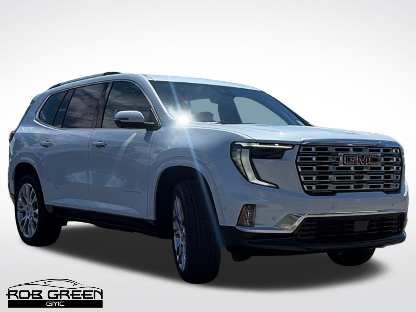 2026 GMC Acadia Denali in Glacier White Tricoat — front three-quarter view