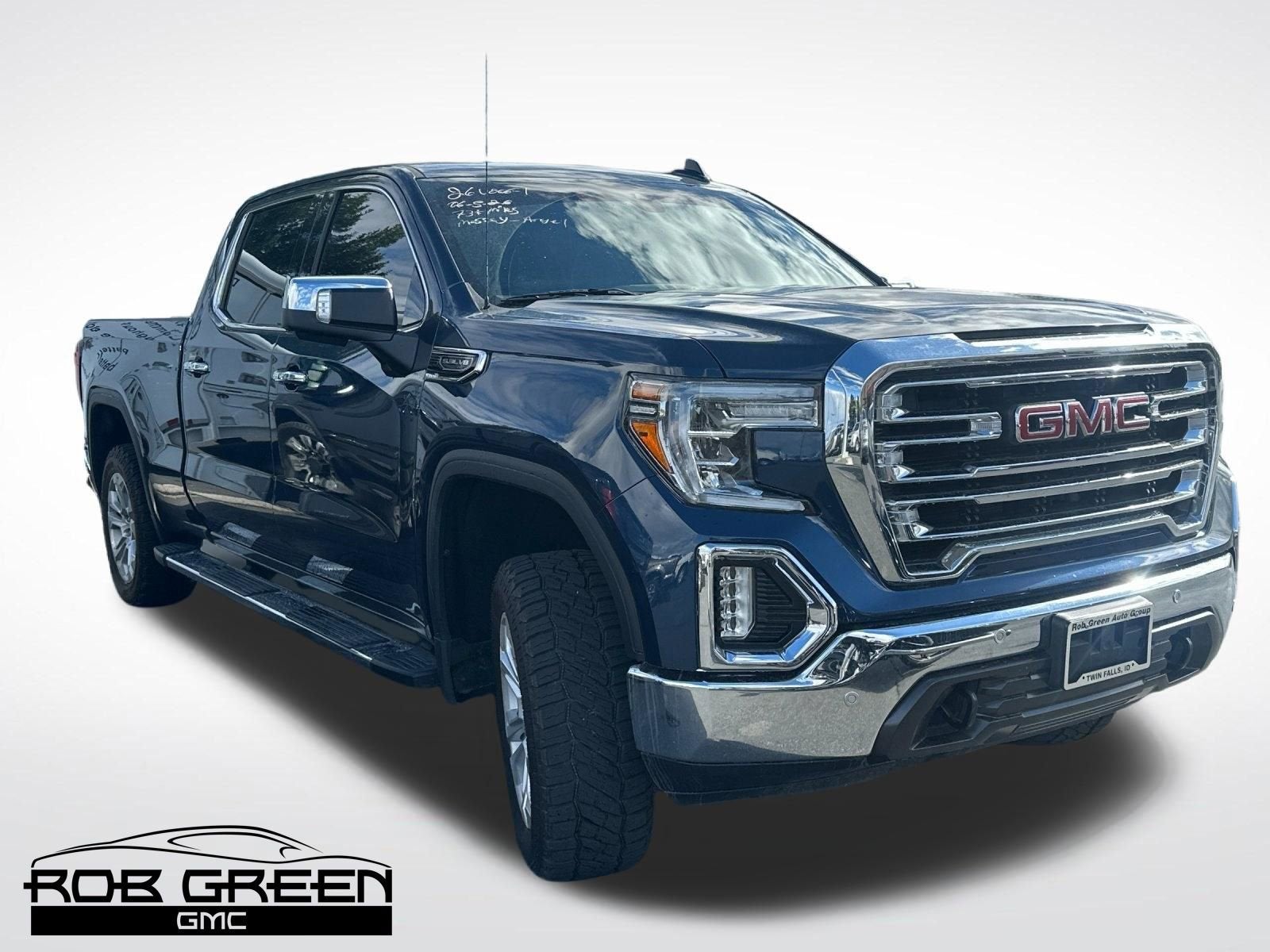 2019 GMC Sierra 1500 SLT in Pacific Blue Metallic — front three-quarter view